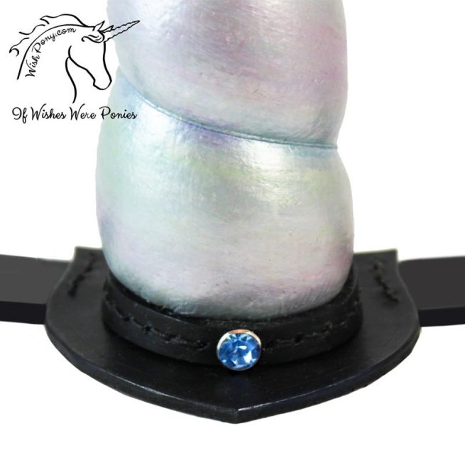 Leather Unicorn Browband™ for Driving & Riding - Gray Pearl, Blue Crystal, Black Leather Draft Size 18" - Image 2