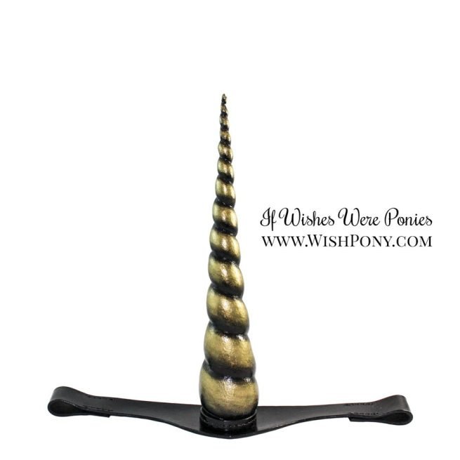 Wishpony Black Leather Unicorn Show Browband with Antique Gold Horn for Horses