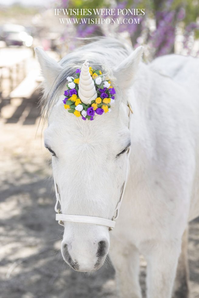 9" White Horn w/ Purple & Yellow Flowers Economy Unicorn Browband™ - Pick a Size 12"-15" Browband - Image 2
