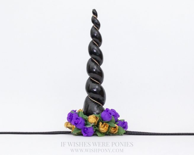 9" Black Horn w/ Purple & Gold Flowers Pony to Small Horse Size 12"-15" Black Economy Unicorn Browband™- READY TO SHIP