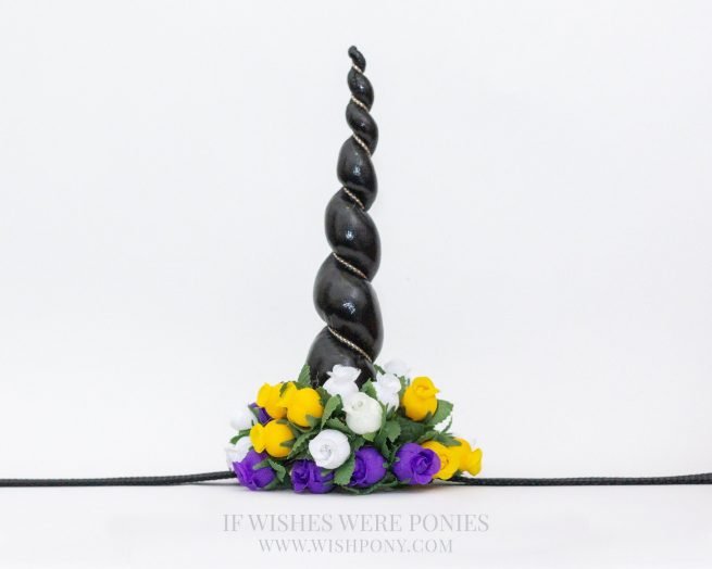 9" Black Horn w/ Purple, White & Yellow Flowers Pony to Small Horse Size 12"-15" Black Economy Unicorn Browband™- READY TO SHIP