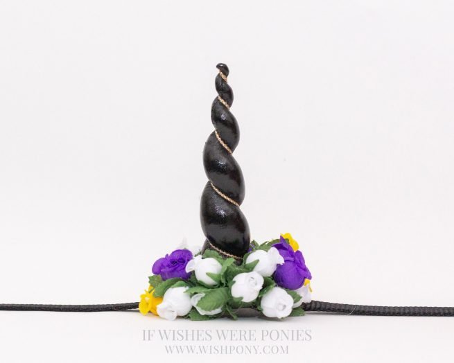 5" Black Horn w/ Purple, White & Yellow Flowers Foal, Mini, and Small Pony Size 8"-13" Black Economy Unicorn Browband™- READY TO SHIP