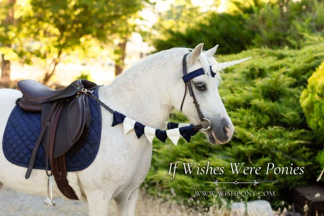 Navy Blue and Ivory Unicorn Browband™ Matching Rein Covers Set for Pony